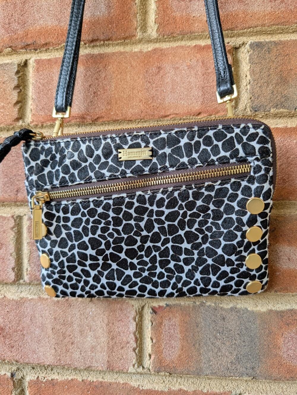 Hammitt Nash Small Dapple Calf Hair Crossbody Wristlet Black White Gold Zipper
